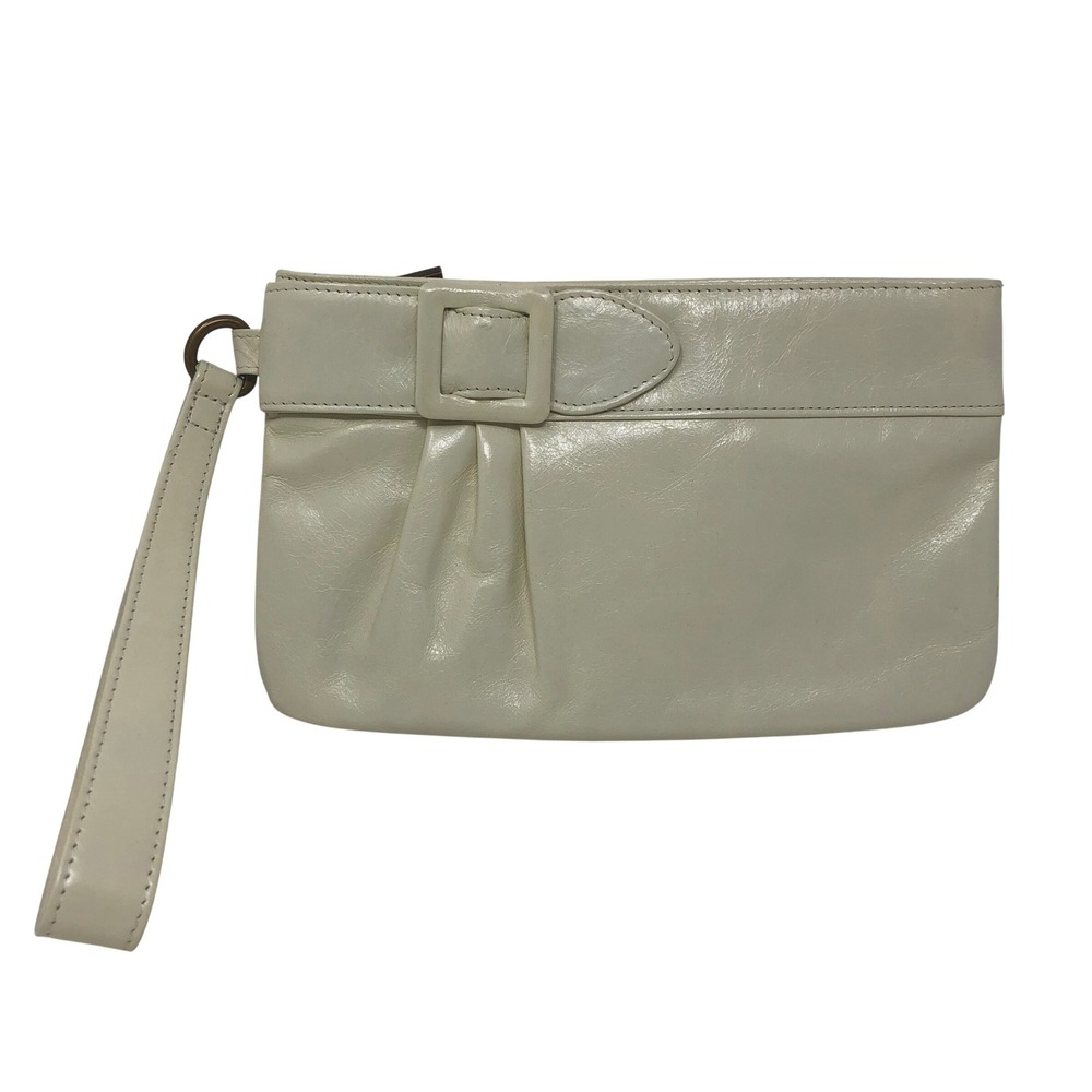 Hobo International Wristlet Cream Leather Buckle Pleated Paisley Lining Bag